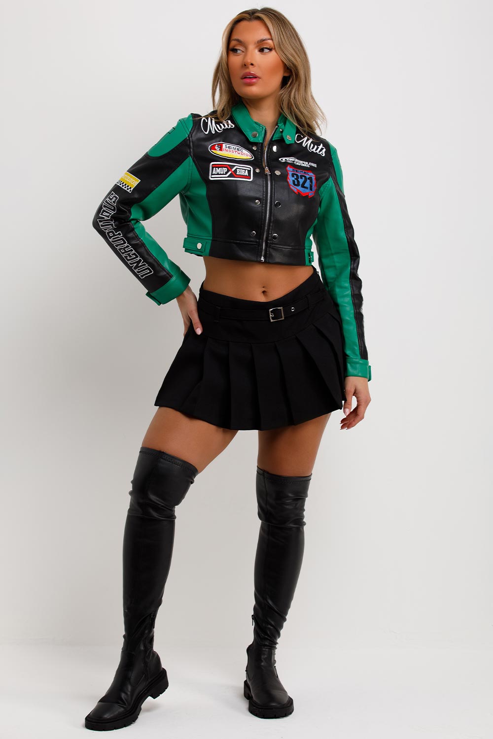 womens motocross slogan aux leather racer jacket cropped
