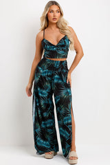 womens wide leg floral print trouser with side split and crop top two piece set