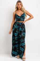 womens floral print wide leg trousers and crop top co ord set