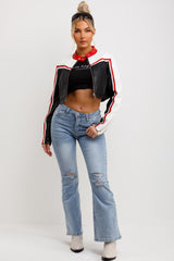 womens faux leather crop racer jacket black white red
