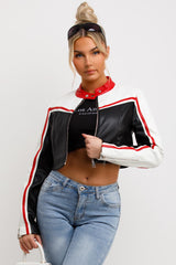 black white red faux leather racer jacket womens festival outfit