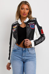 faux leather crop motocross racer jacket black and white