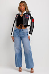 womens faux leather motocross crop racer jacket