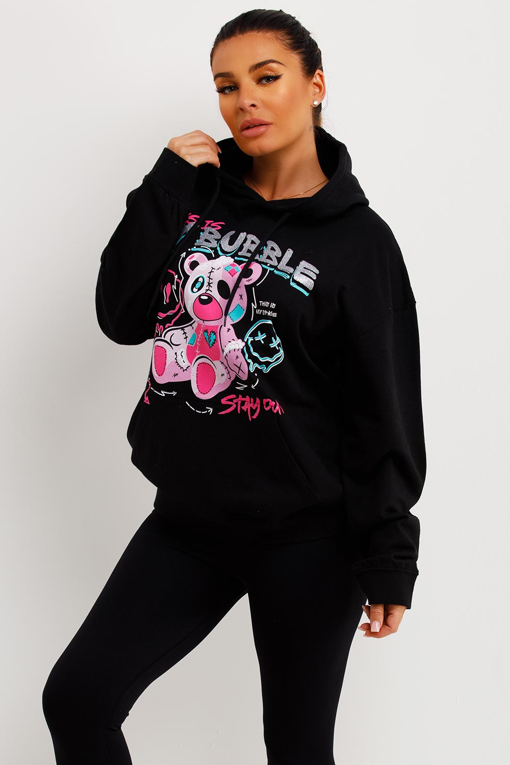 womens oversized hoodie with teddy bear graphic print sale uk