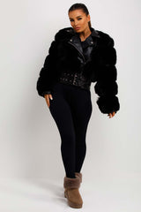 womens faux leather aviator jacket with faux fur double belt black