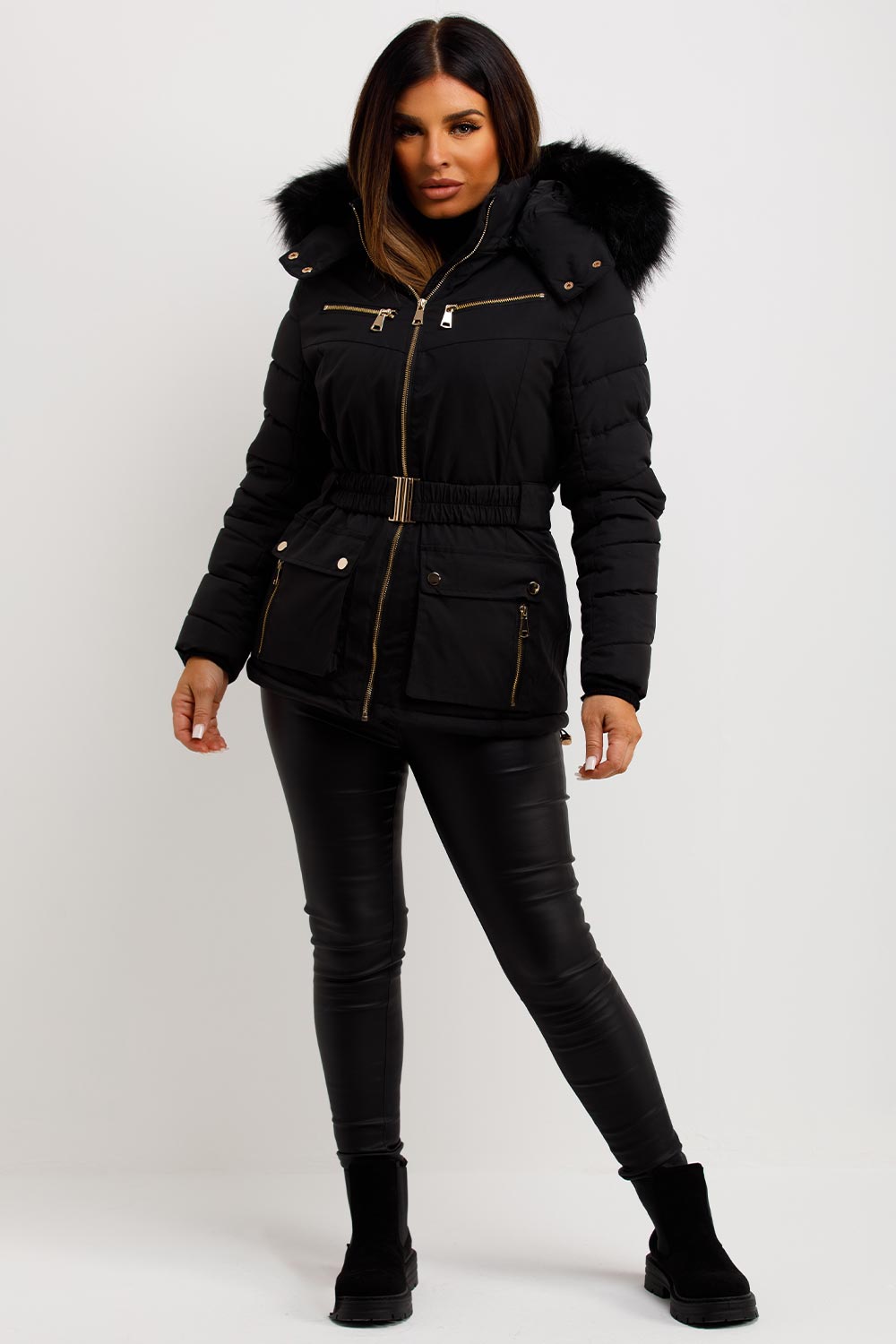 womens black puffer coat with belt and fur hood