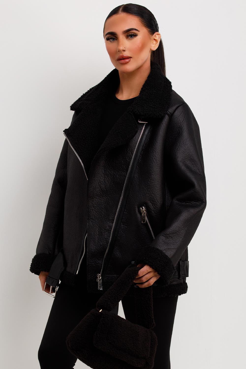 Women's Aviator Jacket With Shearling In Beige Zara Inspired – Styledup ...