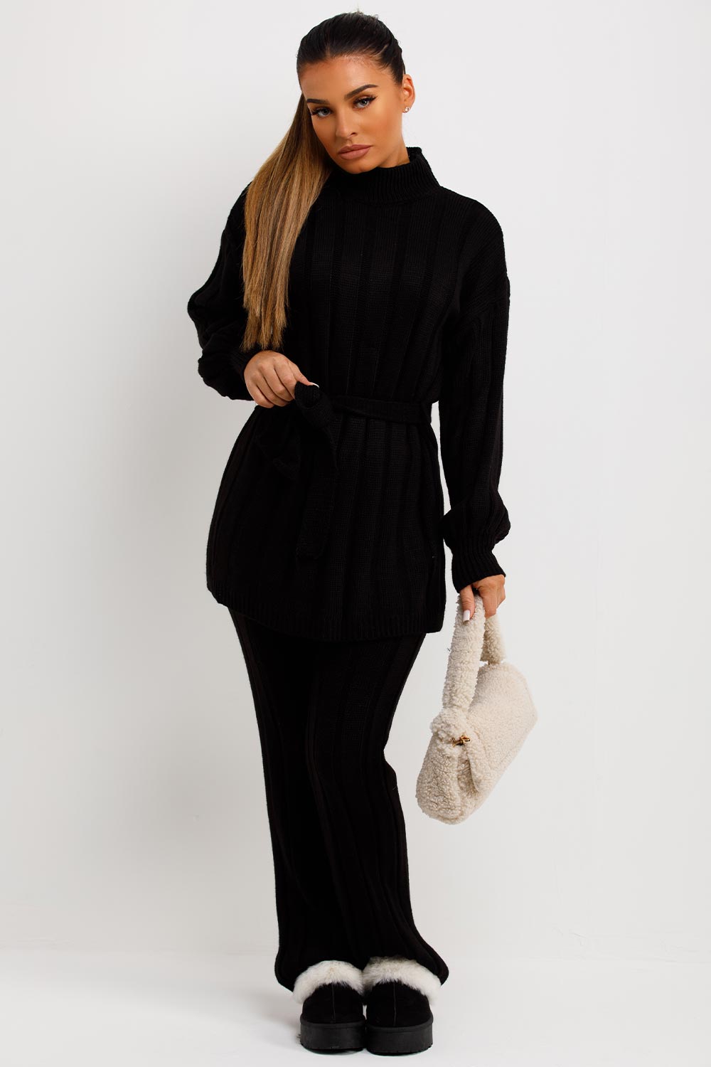 womens black knitted loungewear set