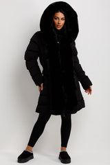 faux fur hood and trim longline coat