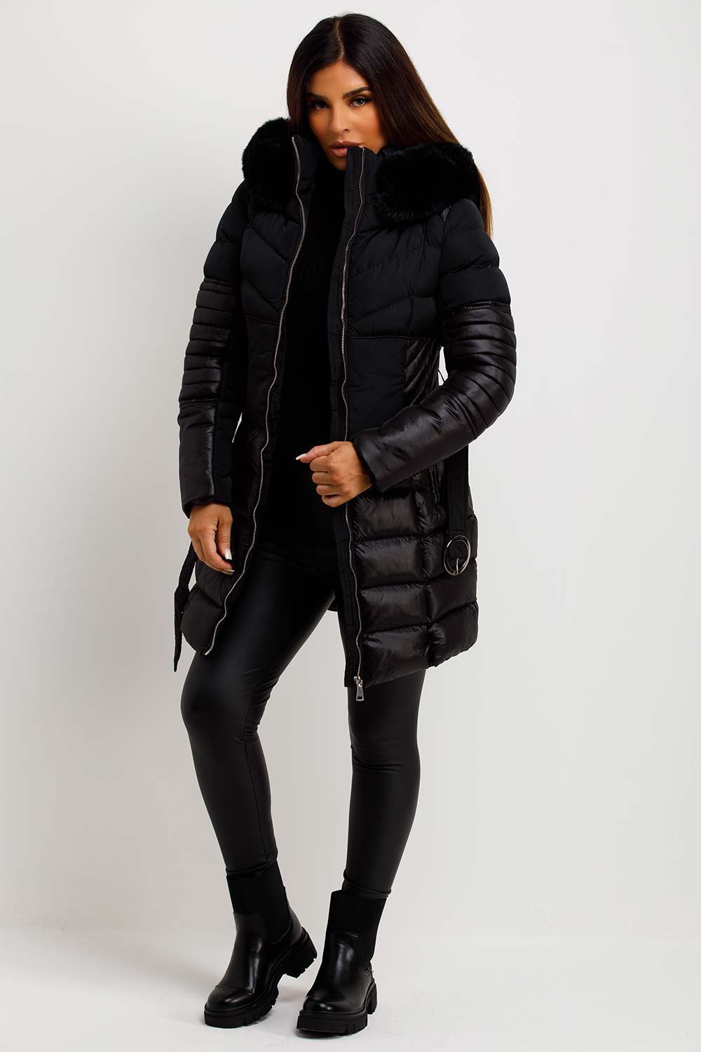 womens shiny puffer coat with faux fur hood and belt