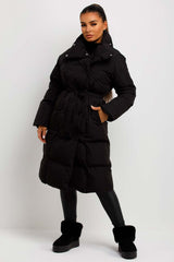 womens longline duvet puffer coat with belt