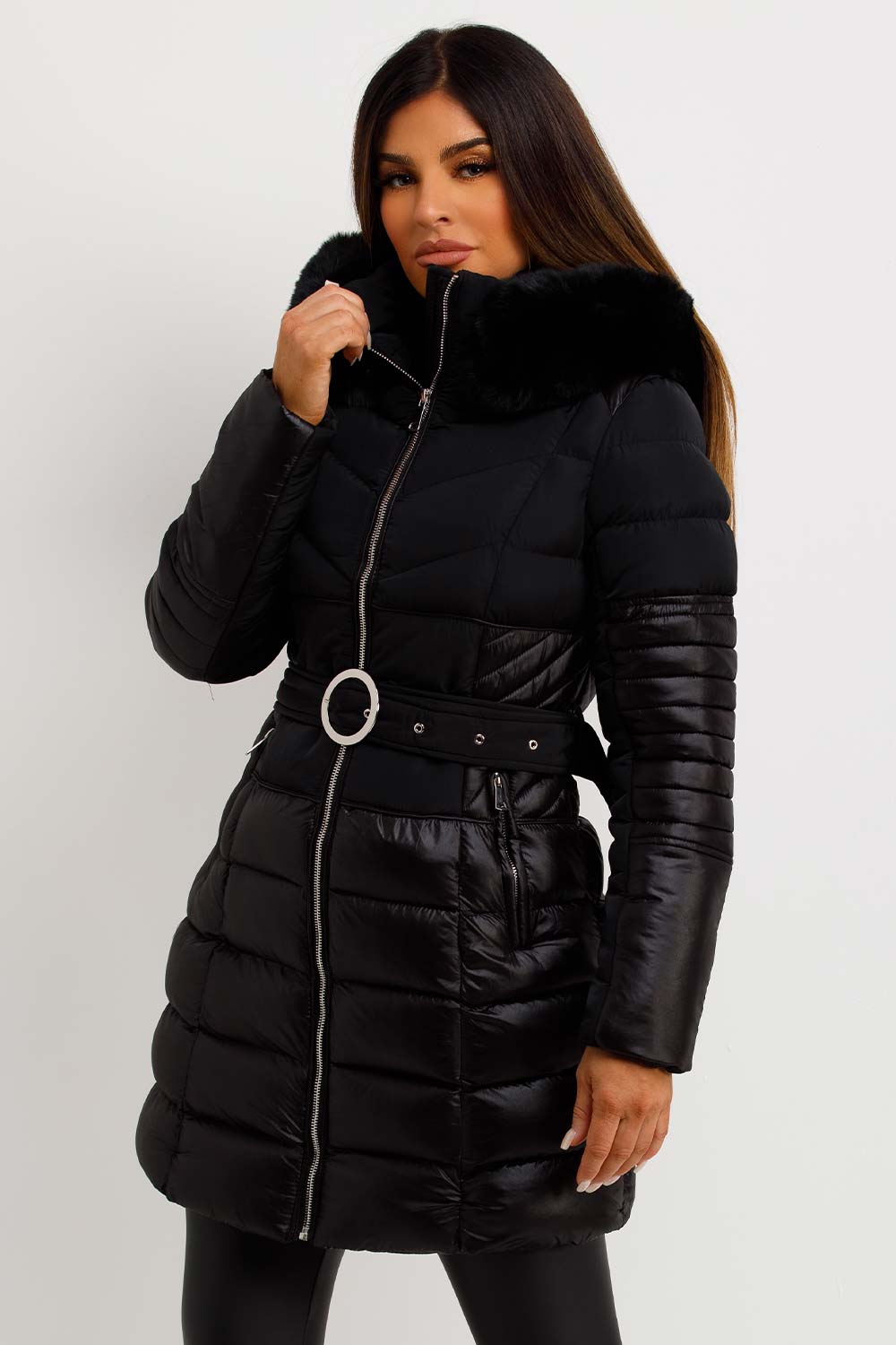 womens faux fur hood coat with belt