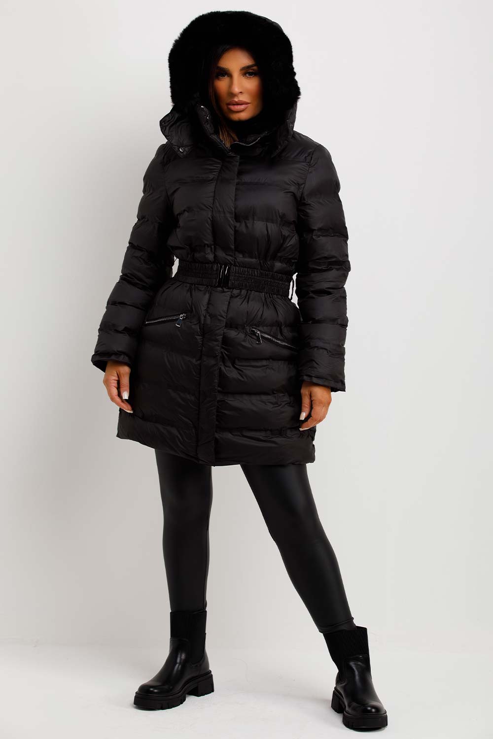 womens black puffer coat with fur hood and belt outerwear