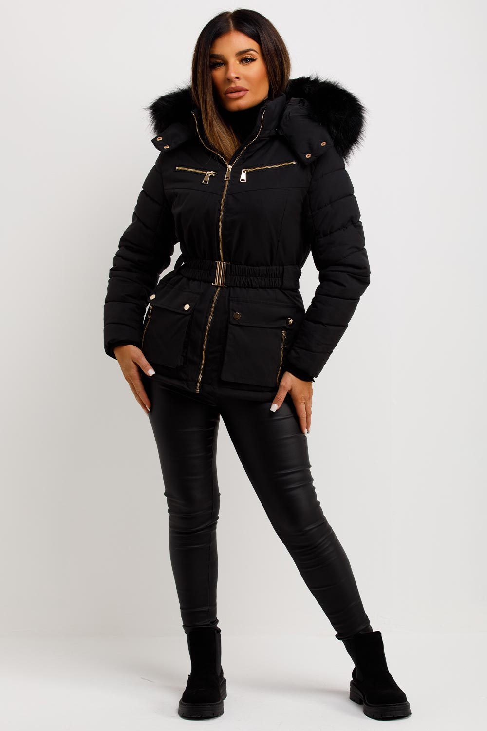 womens paddded puffer coat with fur hood