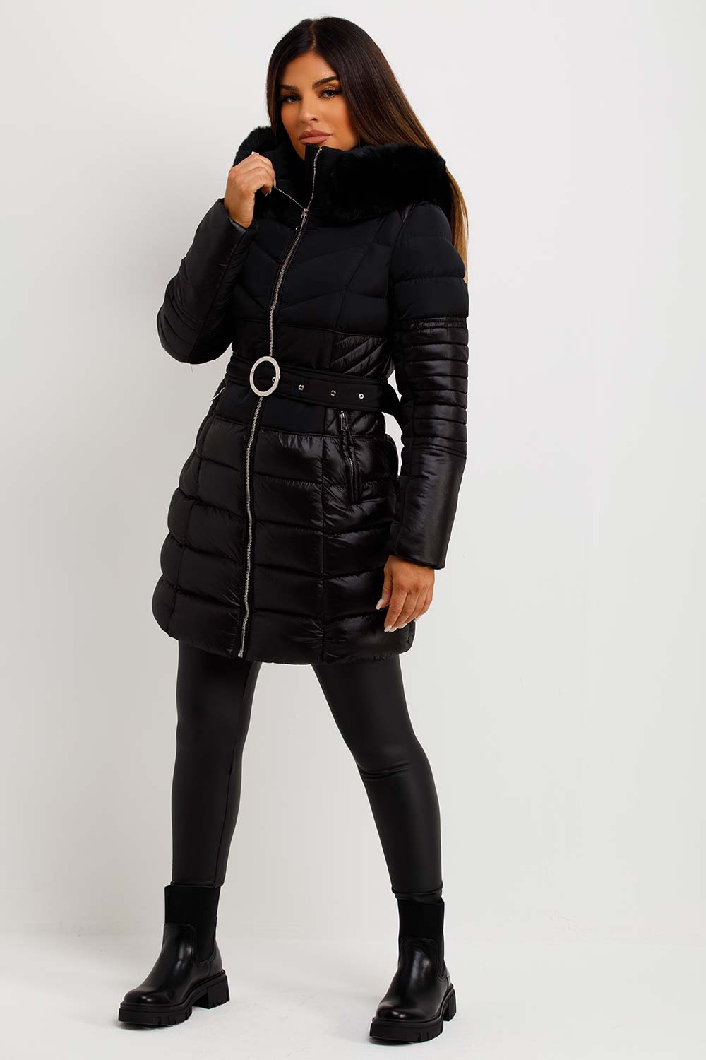 womens faux fur hood padded puffer quilted coat black