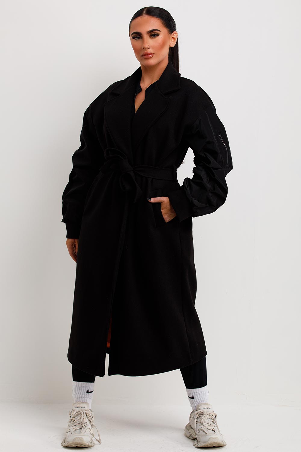 womens black long wrap coat with ruched sleeves