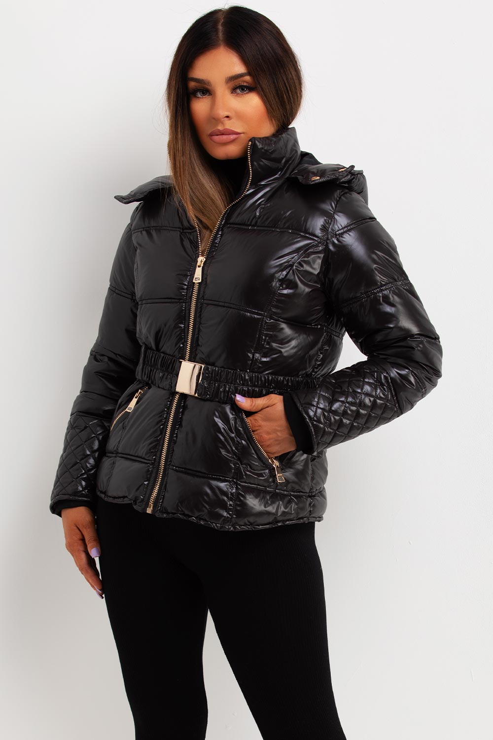 womens quilted puffer padded shiny jacket with belt