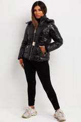 womens shiny padded puffer hooded jacket with belt