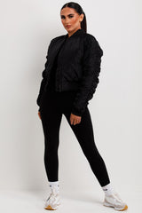 womens bomber jacket with ruched sleeves