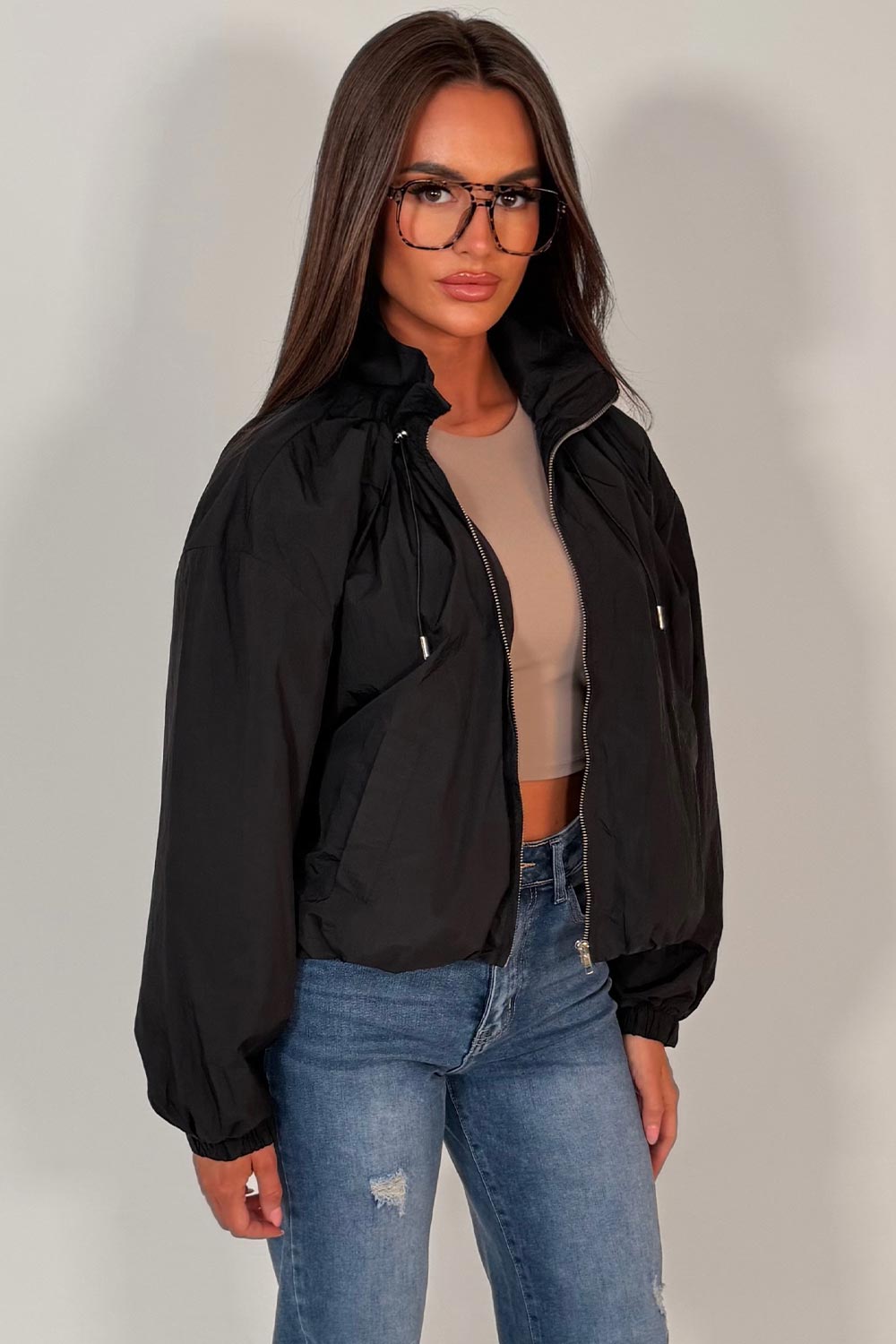 womens funnel neck jacket black windbreaker styledup uk