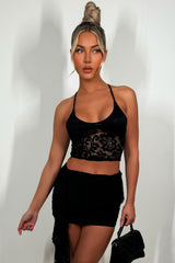 black lace top and mini skirt co ord set with drape detail summer festival outfit