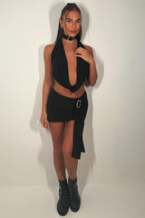 choker cowl neck backless crop top and mini drape skirt co ord going out summer festival outfit