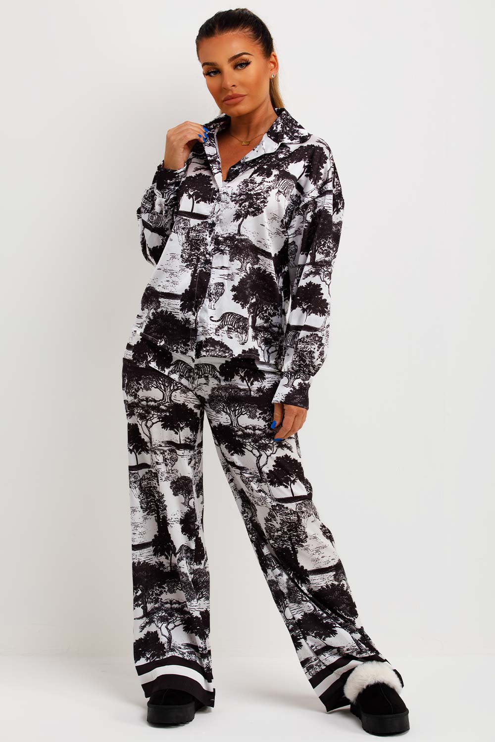 womens dior print satin shirt and trousers co ord set