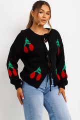 black knitted tie front cardigan with cherries