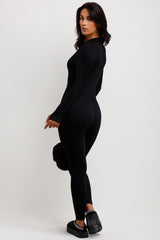 womens black long sleeve ribbed jumpsuit