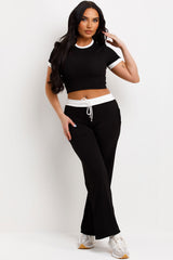 womens ribbed wide leg trousers and crop top lounge set with contrast hem