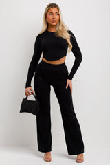 womens long sleeve corset top and straight leg trousers set going out outfit