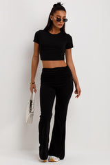 womens fold detail flare trousers and crop top co ord set black 