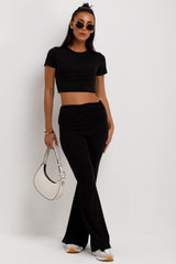 womens fold detail skinny flare trousers and crop top co ord set missy empire 