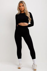 womens high waist rib leggings and top two piece co ord set gym wear