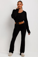 ruched sleeve cardigan top and fold detail flared leg trousers three piece set black