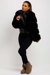 womens crop faux fur jacket with faux leather