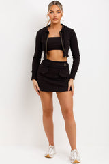 bandeau crop top cargo mini skirt and crop hoodie three piece outfit set summer festival holiday outfit