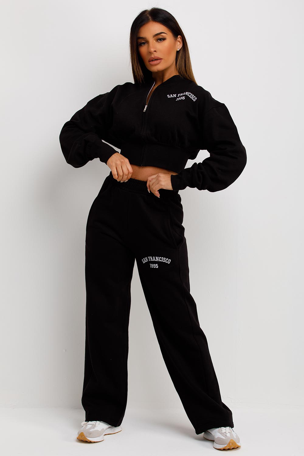 womens black crop tracksuit and straight leg joggers co ord set san francisco