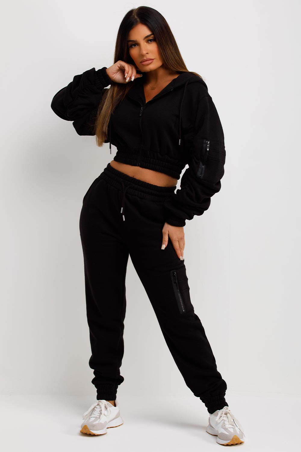 womens black tracksuit with ruched sleeve crop hoodie and joggerrs set tiktok loungewear