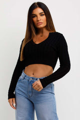 womens cable knit crop knitted jumper v neck