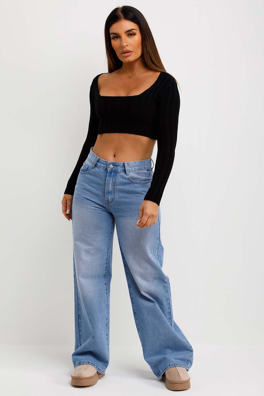 womens crop jumper with long sleeves and square neck