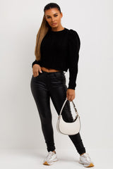 crop knitted jumper with puff shoulders
