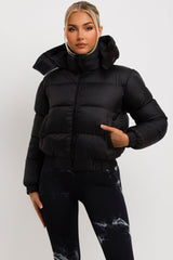 black puffer jacket with hood womens winter outerwear 