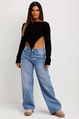 womens knitted crop jumper with dip hem