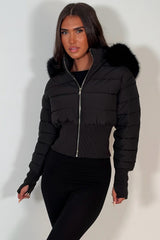 womens black faux fur hood padded puffer winter jacket styledup uk