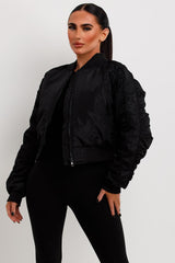 ruched sleeve bomber jacket womens