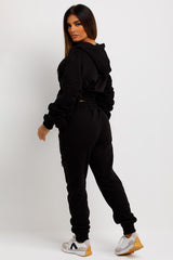 womens crop hoodie and joogers tracksuit with ruched sleeves