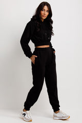 womens black crop sweatshirt and joggers co ord set tracksuit