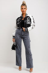 faux leather crop bomber jacket with la slogan