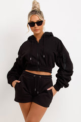 womens runner shorts and crop zip hoodie with ruched sleeves tracksuit set